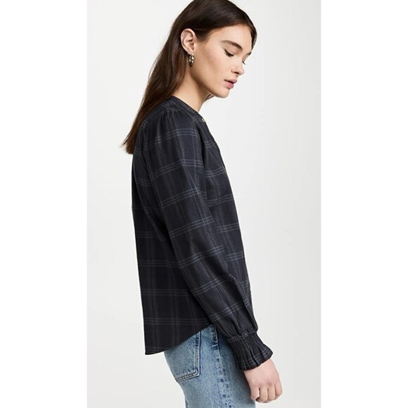 Faherty Women XL Harper Top Black Plaid Organic Cotton Button Front Relaxed - Picture 2 of 7